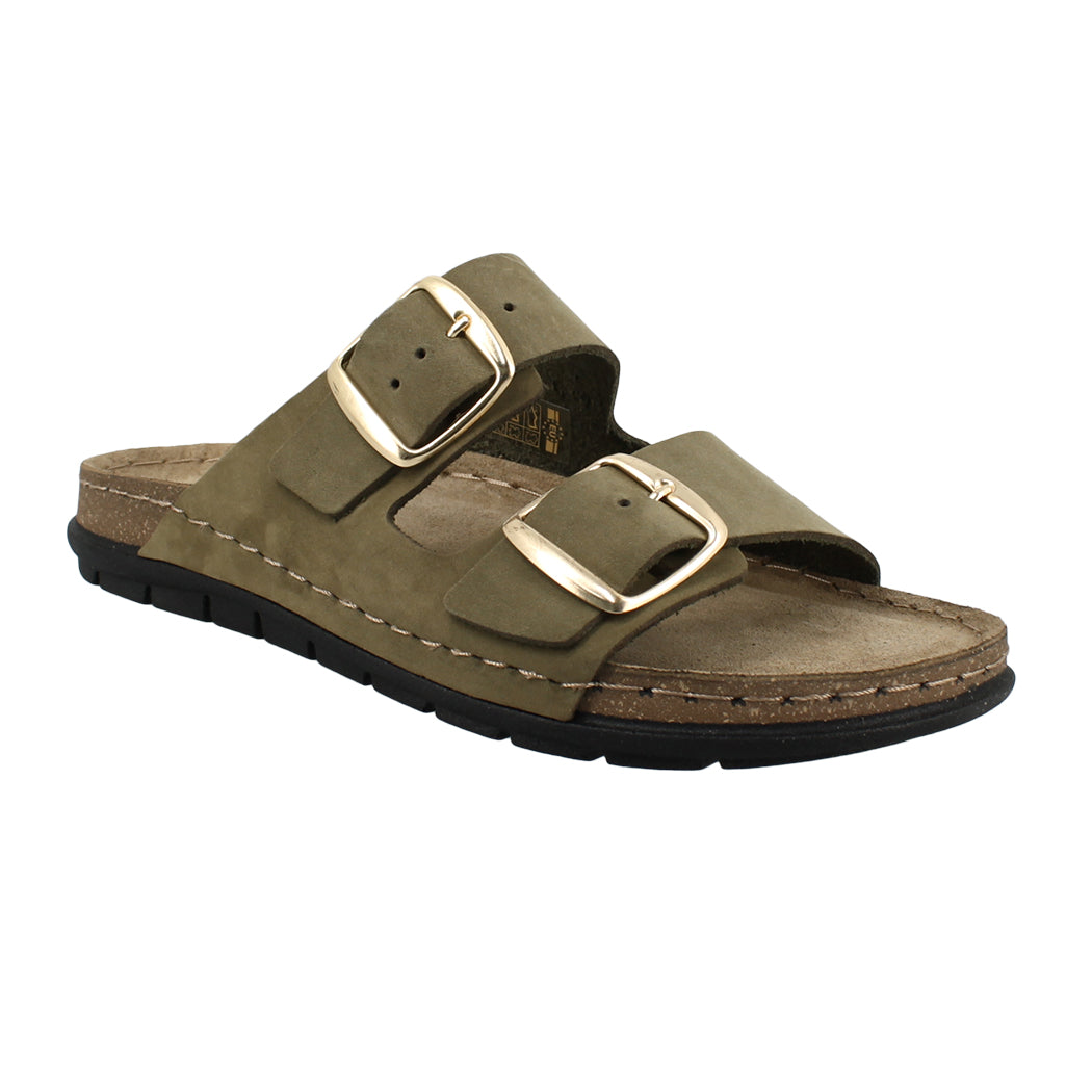 SUNNY SANDALS 51.SIENNA-50302 Λαδί Δερμάτινα Σανδάλια Γυναικεία Με Δύο Τοκάδες